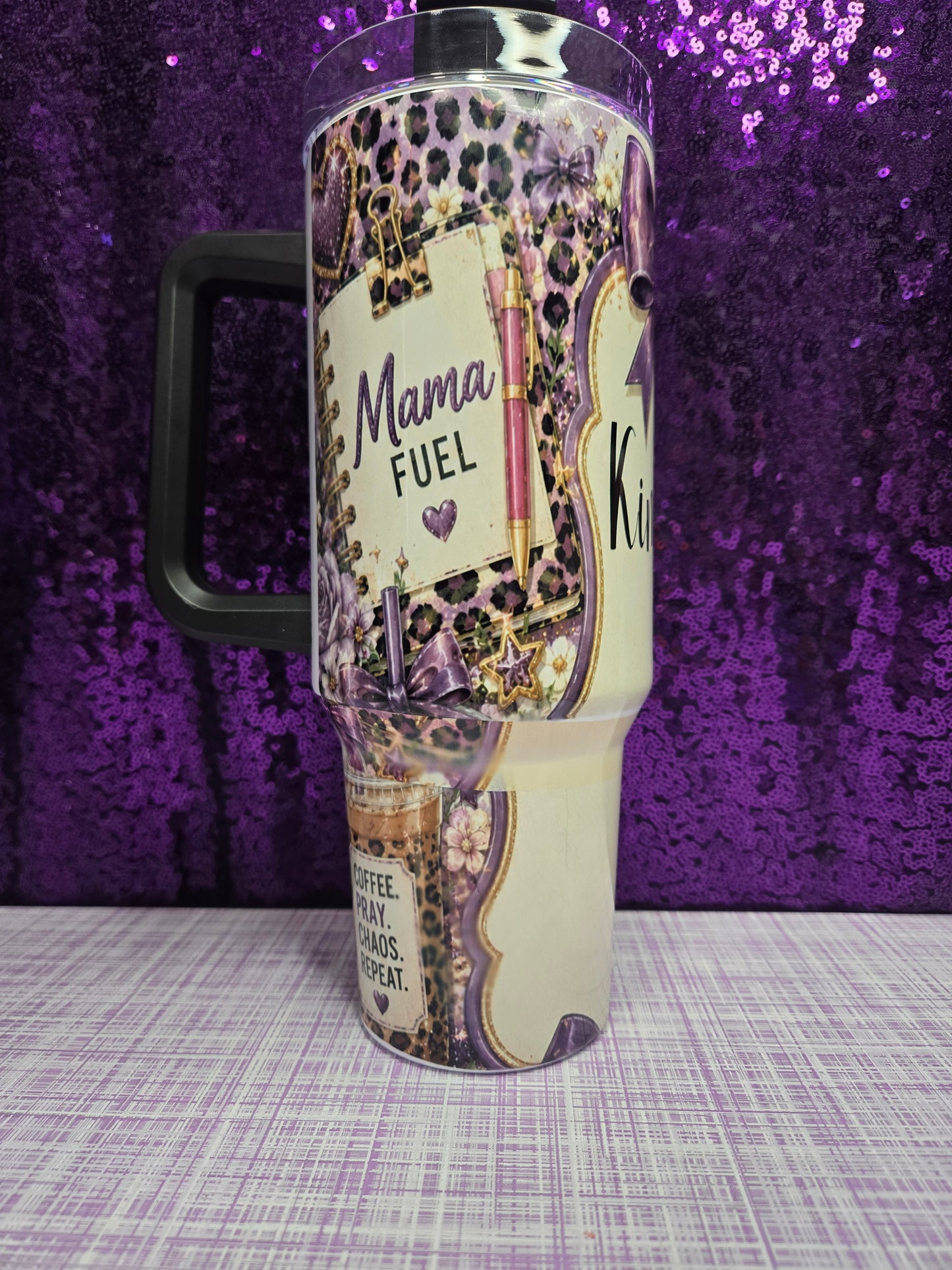 Custom 40oz Tumbler With Handle Personalized Stainless Steel Travel Mug Sublimation Drinkware Your Design Gift For Her with purple leopard print design.
