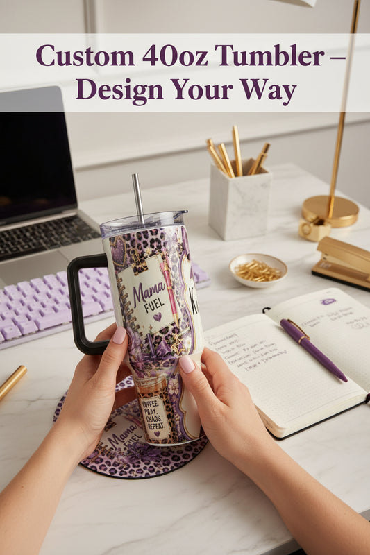 Custom 40oz Tumbler With Handle Personalized Stainless Steel Travel Mug Sublimation Drinkware Your Design Gift For Her with purple leopard print design.