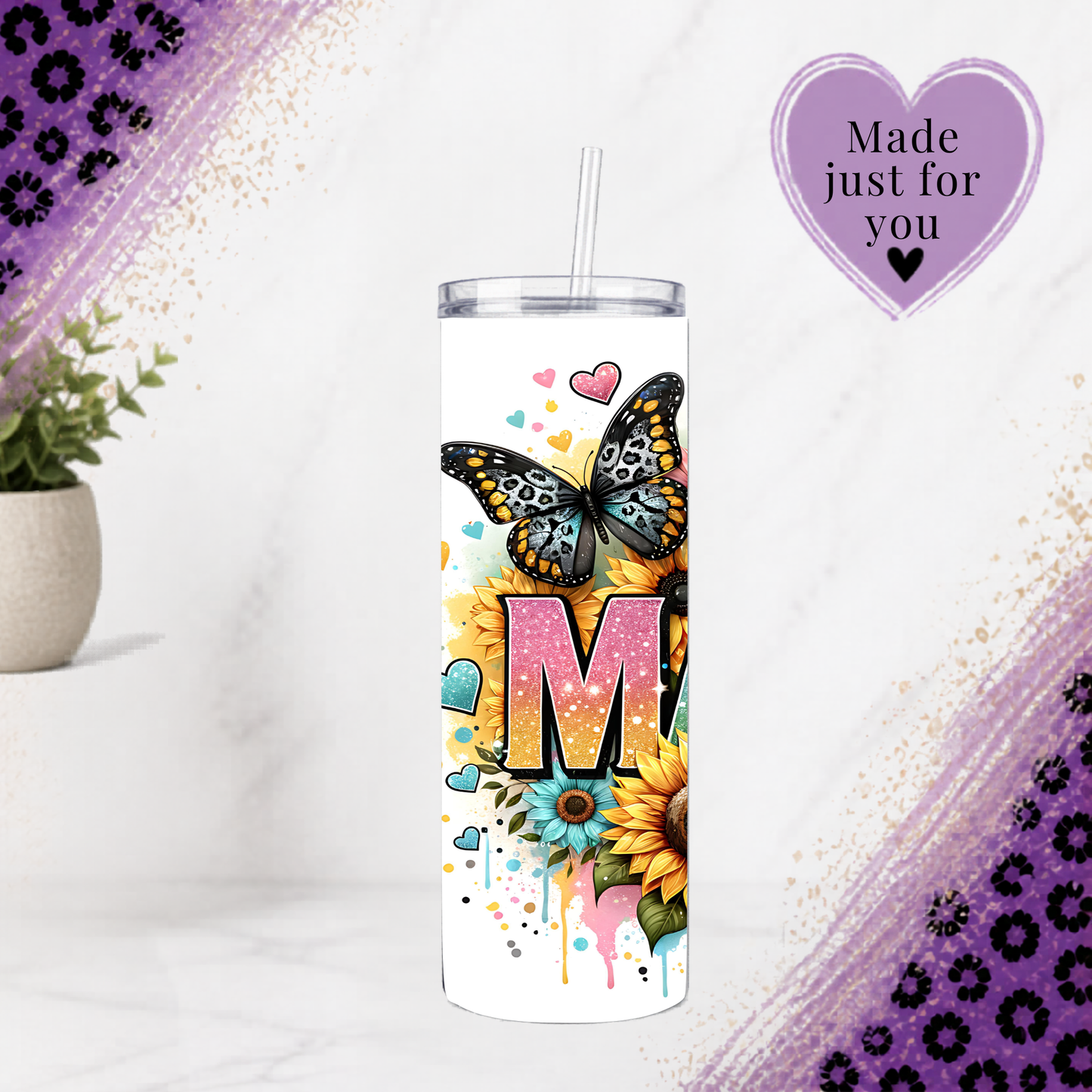 Mama 20oz Sunflower Tumbler Stainless Steel Cup Handmade Glitter Butterfly Drinkware Mothers Day Gift For Her with colorful hearts and flowers