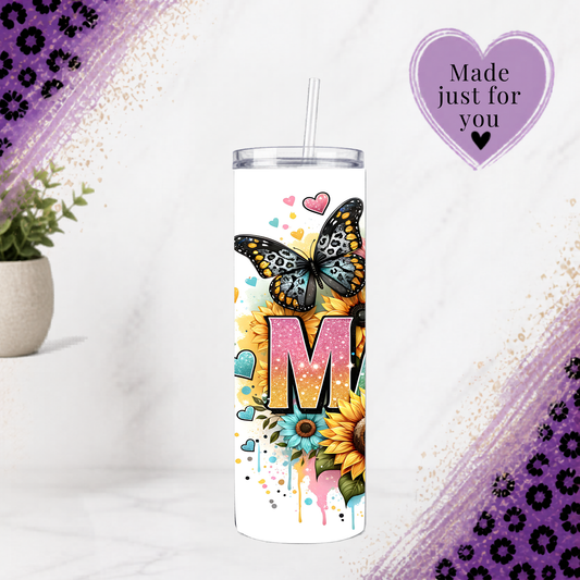Mama 20oz Sunflower Tumbler Stainless Steel Cup Handmade Glitter Butterfly Drinkware Mothers Day Gift For Her with colorful hearts and flowers