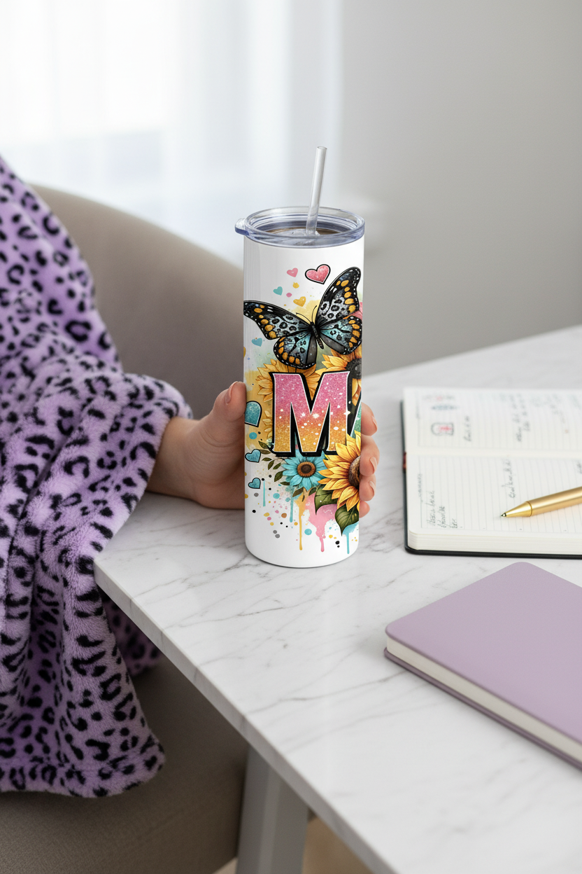 Sunflower Mama Handmade 20 oz Stainless Steel Tumbler showing sunflower mama tumbler 20oz stainless steel gift for her artwork with funny mom tumbler, gifts for mom, made to order