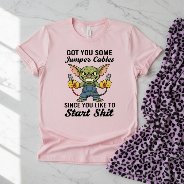 Got You Some Jumper Cables T-Shirt Funny Unisex Graphic T-Shirt showing got you some jumper cables t-shirt funny gremlin graphic tee artwork with unique graphic apparel, cute