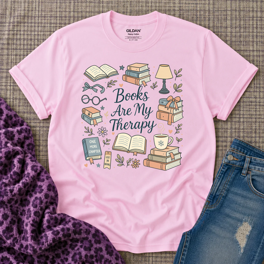 Books Are My Therapy Shirt | Cozy Reader Book Stack Tee