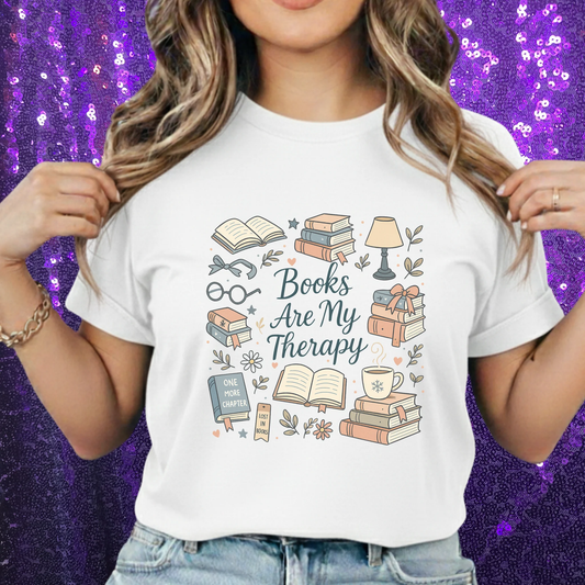 Books Are My Therapy T-Shirt — Cozy Reader Tee with Book Stack & Mug Design by Marie Gems