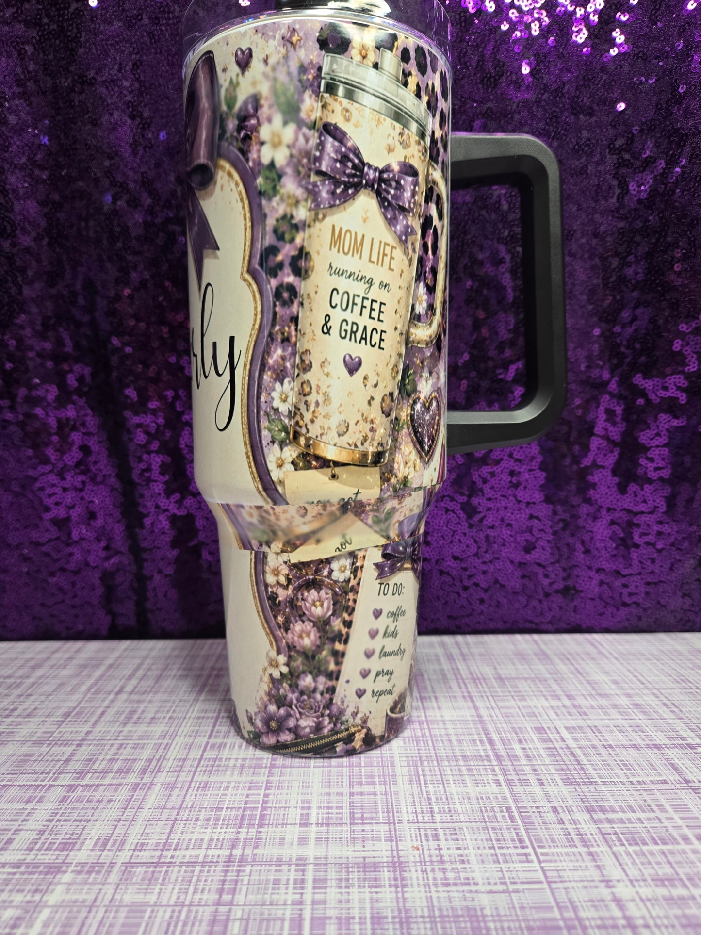 Custom 40oz Tumbler With Handle Personalized Stainless Steel Travel Mug Sublimation Drinkware Your Design Gift For Her with floral and heart decor