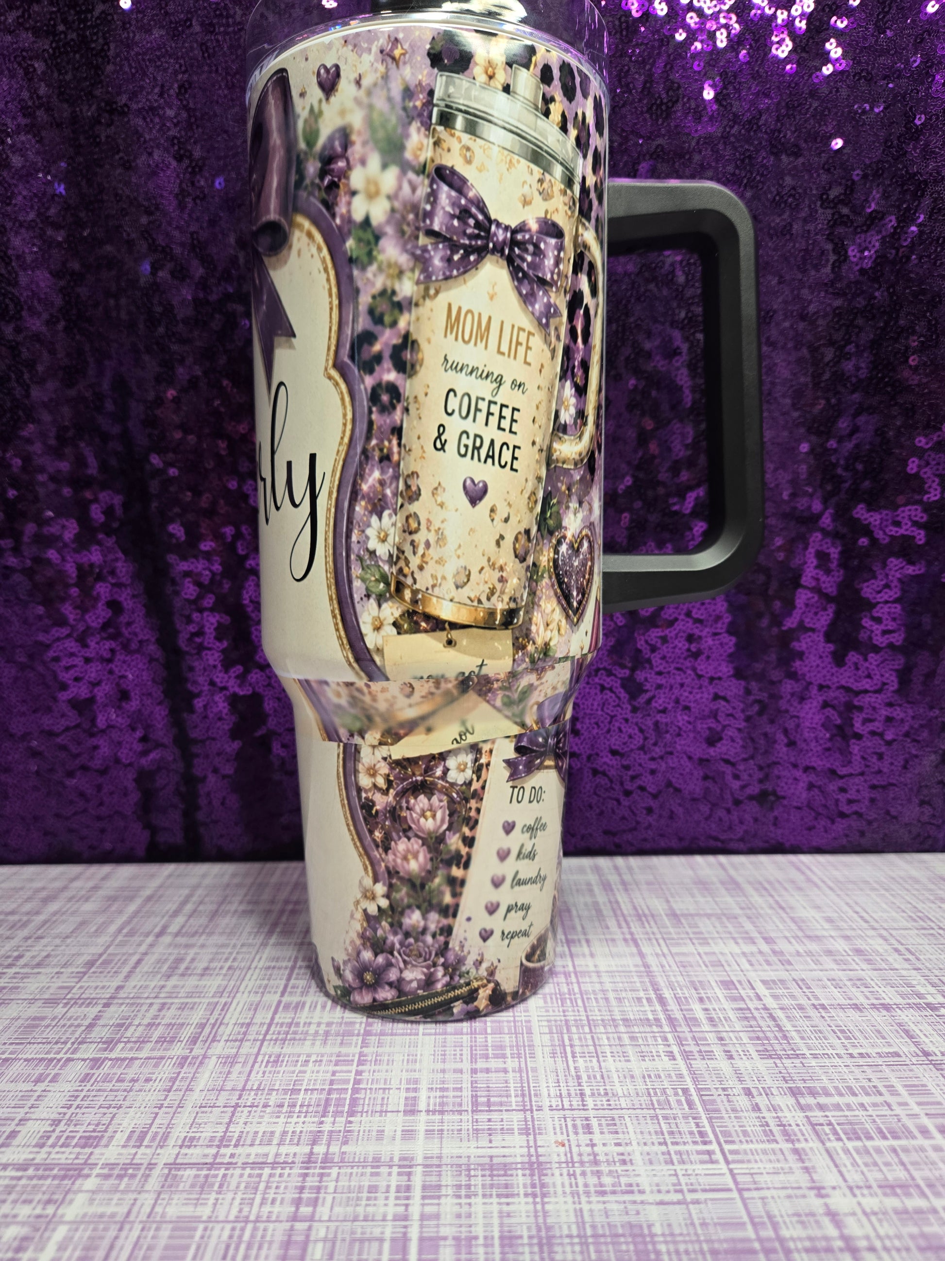 Custom 40oz Tumbler With Handle Personalized Stainless Steel Travel Mug Sublimation Drinkware Your Design Gift For Her with floral and heart decor