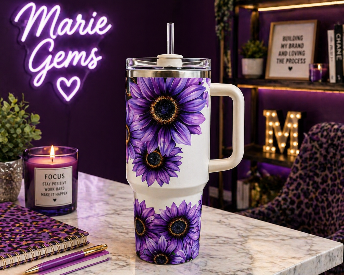 Purple Sunflower 40oz Tumbler | Boho Floral Travel Mug