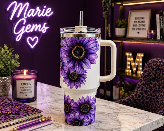 Purple Sunflower 40oz Tumbler | Boho Floral Travel Mug