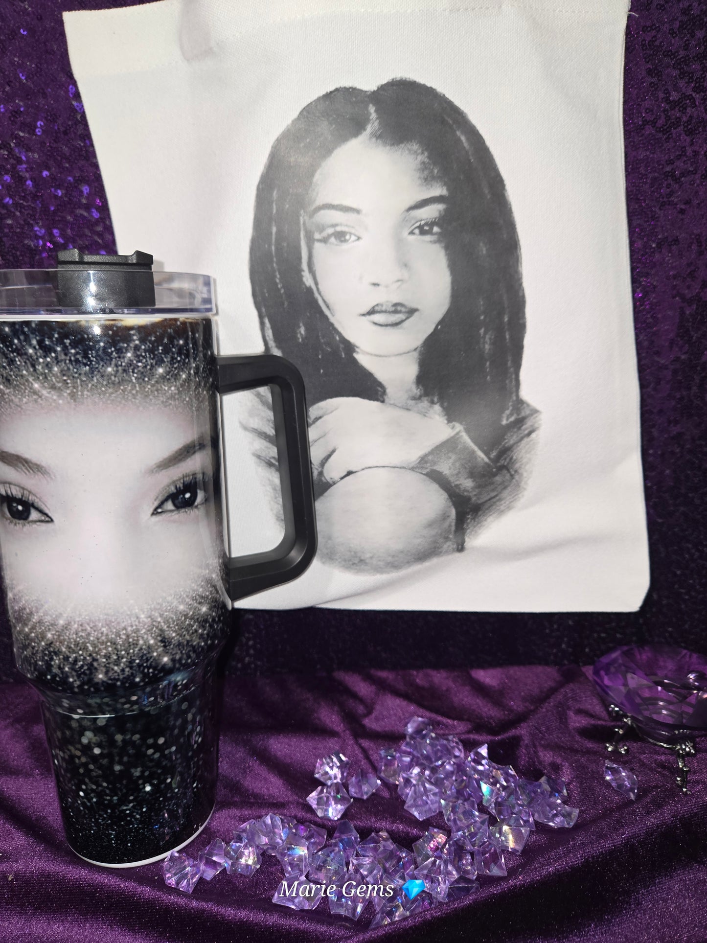 Custom 40oz Tumbler With Handle Personalized Stainless Steel Travel Mug Sublimation Drinkware Your Design Gift For Her shown with purple crystals and printed bag.