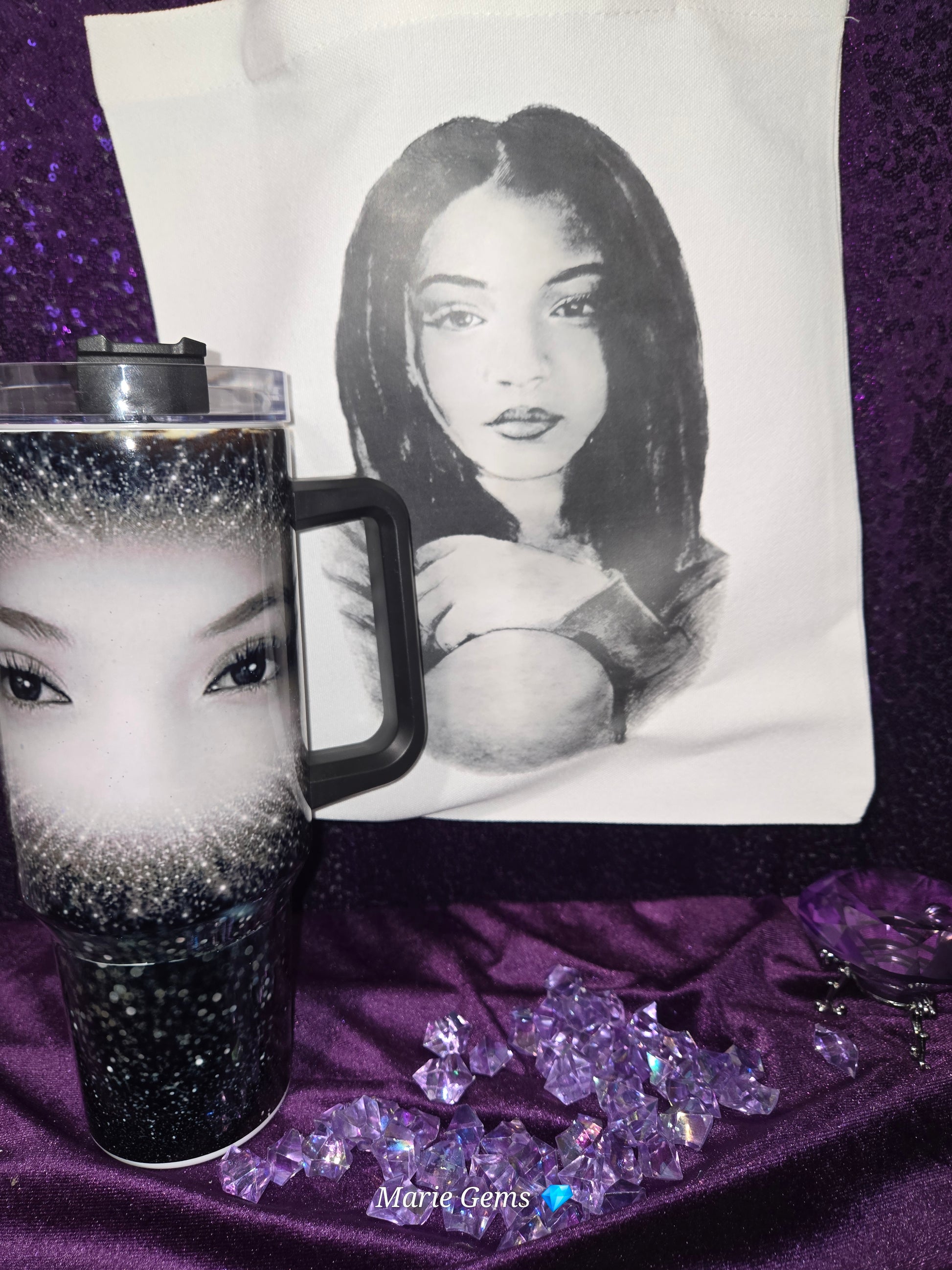 Custom 40oz Tumbler With Handle Personalized Stainless Steel Travel Mug Sublimation Drinkware Your Design Gift For Her shown with purple crystals and printed bag.