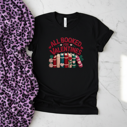 All Booked Valentine Handmade Unisex Graphic T-Shirt showing all booked valentine shirt artwork with book lover valentine shirt, valentine gift for reader, bookish valentine tee