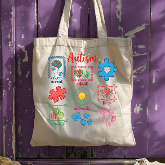 For the Grid/Patch Design: Autism Educate Advocate Love Tote, 3D Chenille Patch Style Bag, Neurodiversity Awareness Gift, Special Education Teacher Tote, Rainbow Canvas Bag by Printify