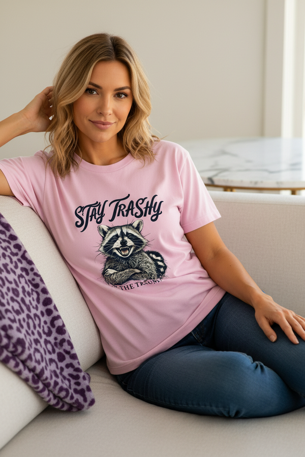 Stay Trashy Raccoon Handmade Unisex Graphic T-Shirt showing stay trashy raccoon t-shirt artwork with unique graphic apparel, cute graphic shirts, funny graphic tee
