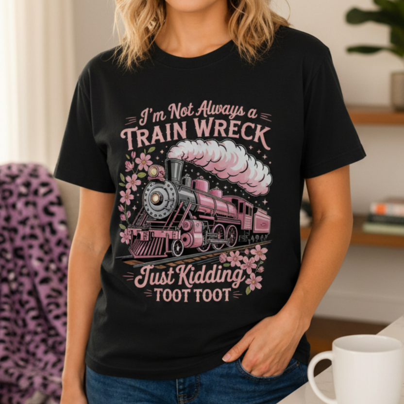 Train Wreck Shirt Funny Toot Toot Sarcastic Graphic Tee with vintage train and floral design on black fabric