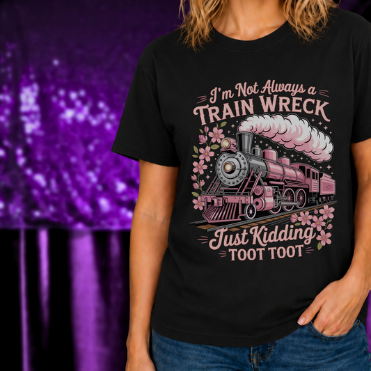 Train Wreck Shirt Funny Toot Toot Sarcastic Graphic Tee with vintage train and floral design on black fabric