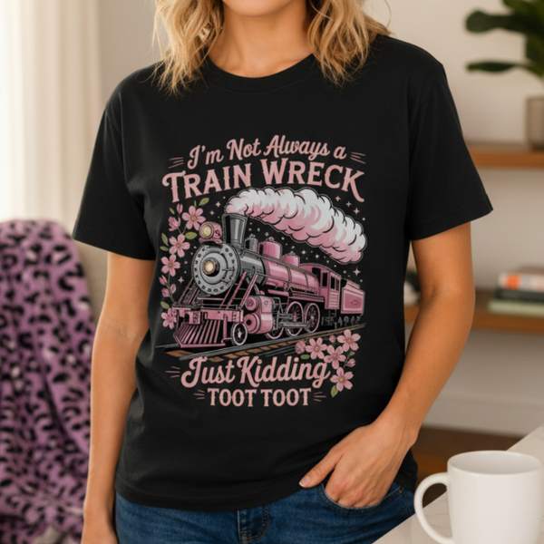 Train Wreck Shirt Funny Toot Toot Unisex Graphic T-Shirt showing the hilarious phrase "I'm Not Always a Train Wreck