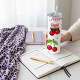 Cherry Mom Gift-Ready 20 oz Stainless Steel Tumbler showing cherry mom tumbler artwork with funny mom tumbler, gifts for mom, made to order