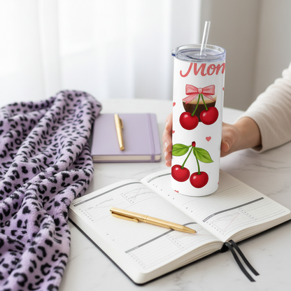 Cherry Mom Gift-Ready 20 oz Stainless Steel Tumbler showing cherry mom tumbler artwork with funny mom tumbler, gifts for mom, made to order