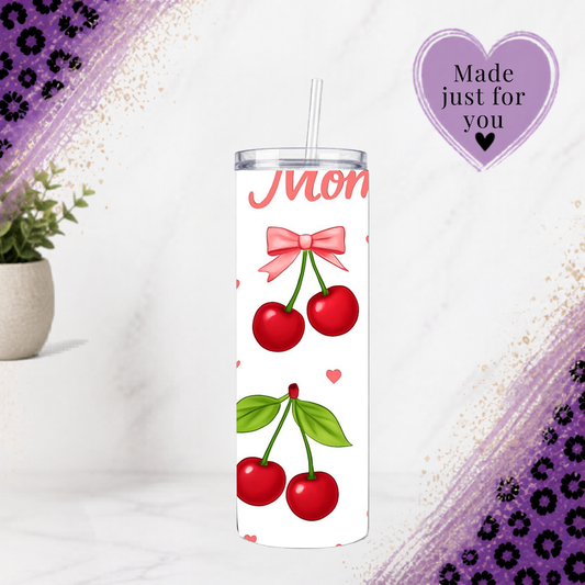 Cherry Mom 20oz Tumbler Stainless Steel Cup Red Cherry Gift For Mothers Day Coquette Aesthetic Pink Bow Drinkware with hearts