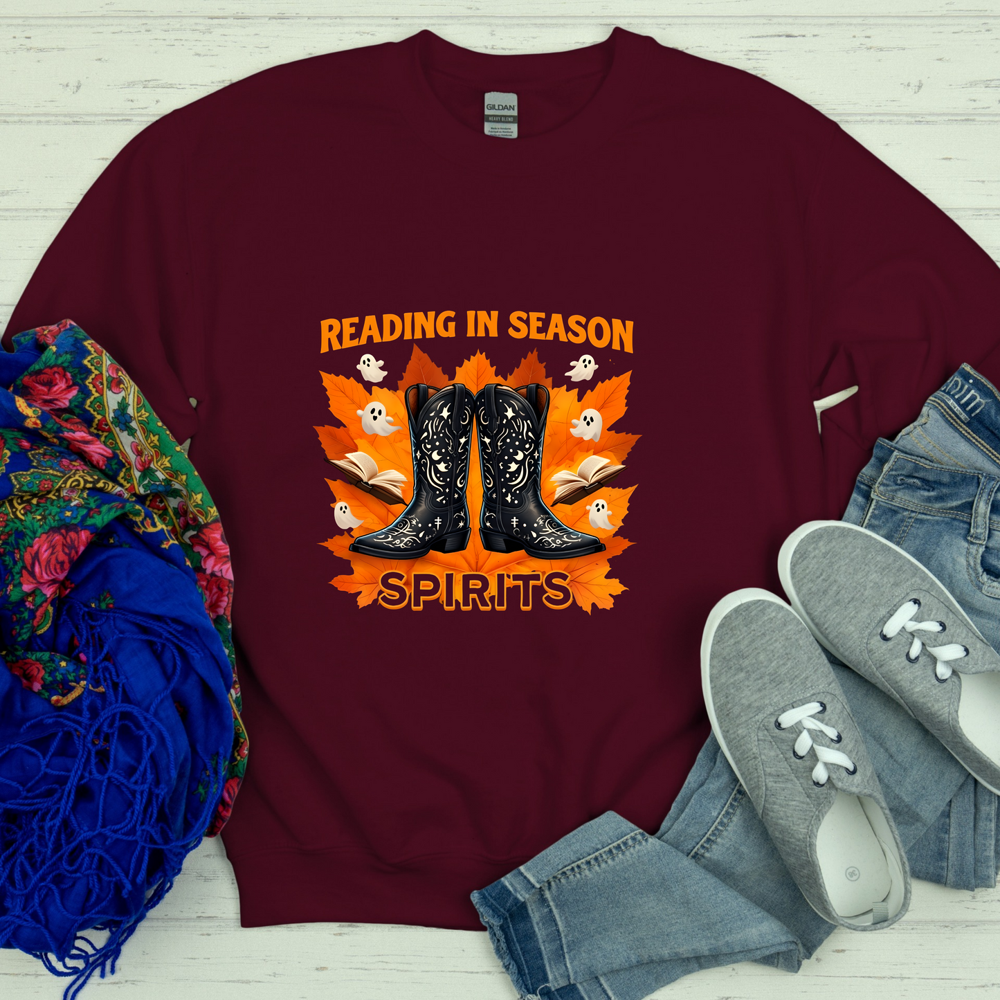 Western Book Lover Crewneck Sweatshirt, Halloween Reading Sweatshirt, Cowboy Boots Fall Vibes, Spooky Season Bookworm