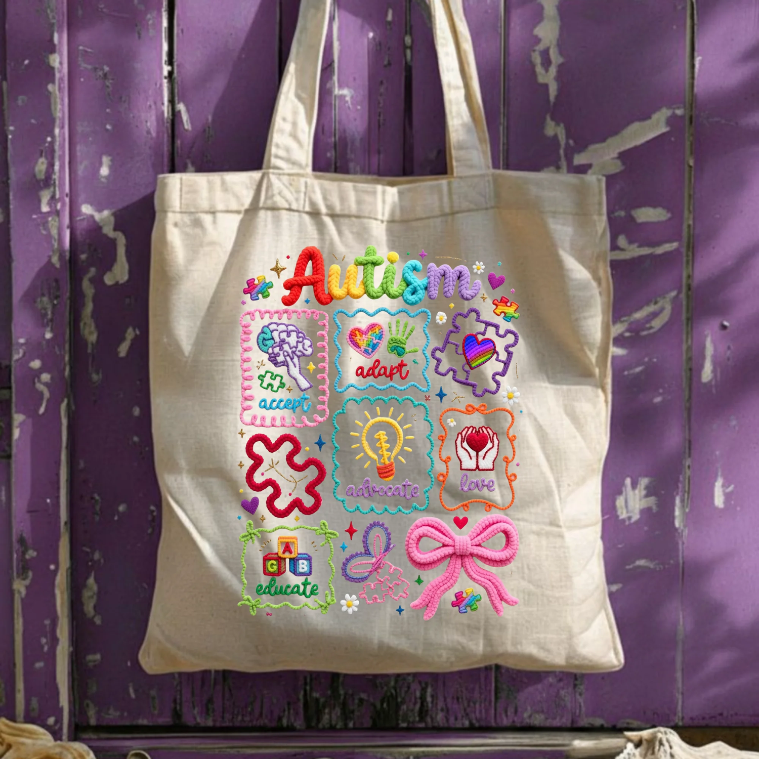 Autism Educate Advocate Love Tote, 3D Chenille Patch Style Bag, Neurodiversity Awareness Gift, Special Education Teacher Tote, Rainbow Canvas Bag by Printify