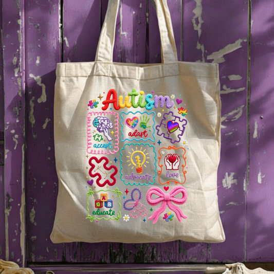 Autism Educate Advocate Love Tote, 3D Chenille Patch Style Bag, Neurodiversity Awareness Gift, Special Education Teacher Tote, Rainbow Canvas Bag by Printify
