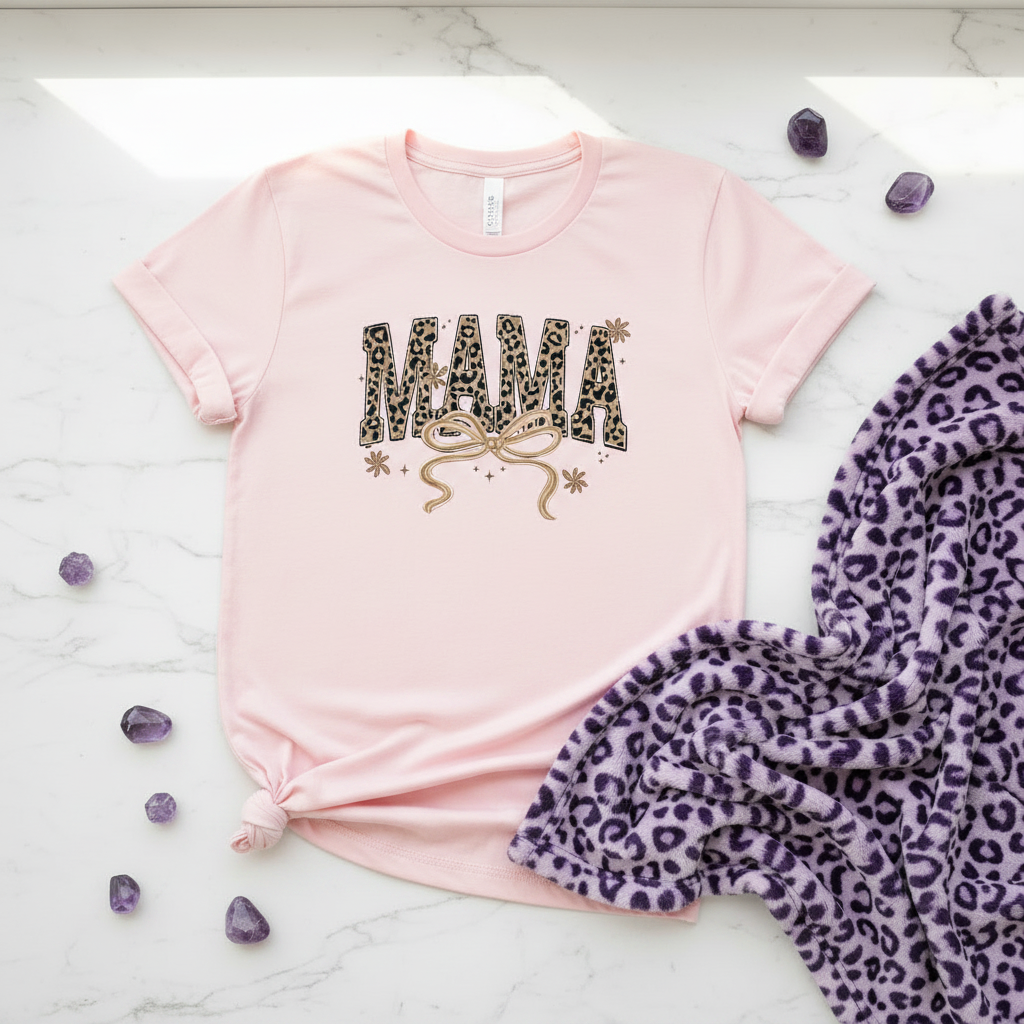 Leopard Mama Varsity Tee Gold shown in a casual lifestyle mockup