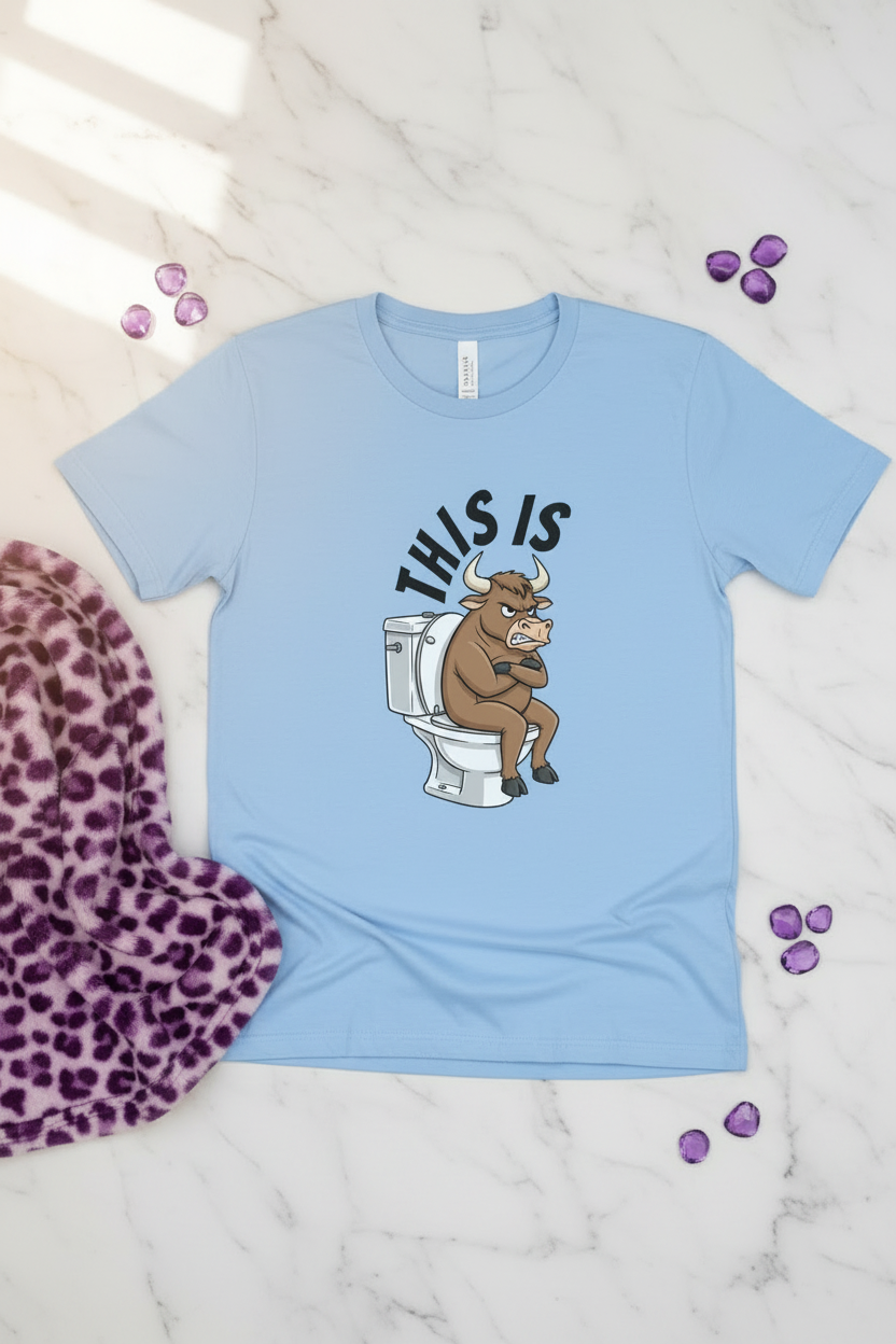 Funny bull graphic T-shirt shown in a styled lifestyle mockup