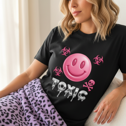 Toxic Smiley Face T-Shirt | Pink Y2K Graphic Tee | Cyberpunk Statement Shirt with pink smiley and biohazard symbols on black tee