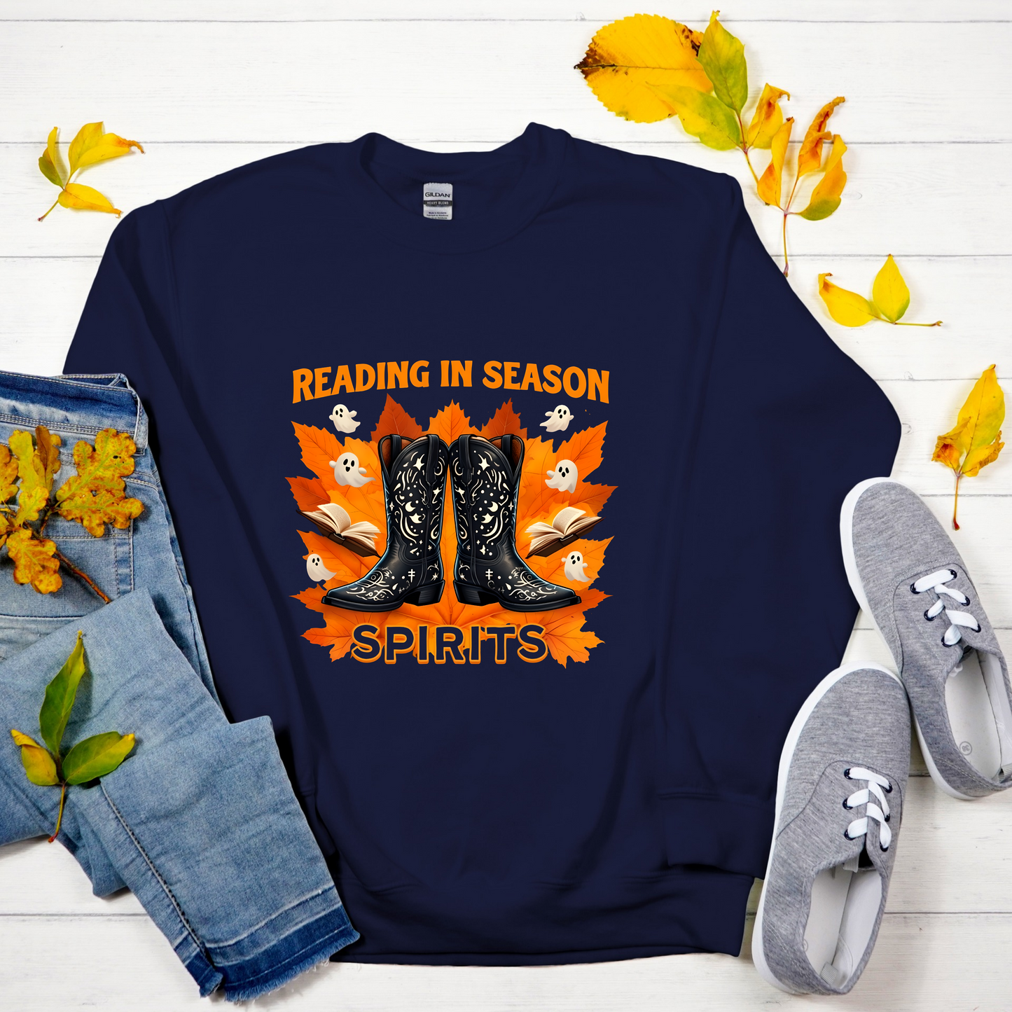 Western Book Lover Crewneck Sweatshirt, Halloween Reading Sweatshirt, Cowboy Boots Fall Vibes, Spooky Season Bookworm