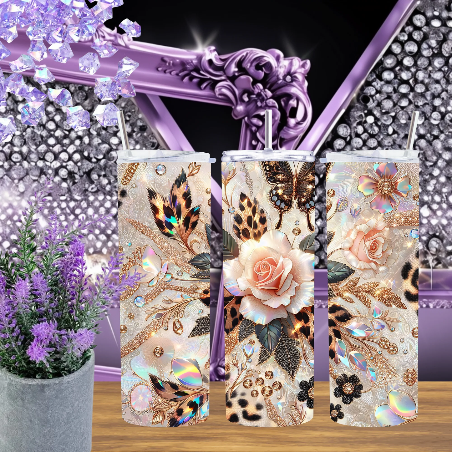 Gold Leopard Rose Glam Tumbler 20oz 30oz Skinny Cup Faux Diamond Jewel Effect Elegant Animal Print Gift For Her by Marie Gems