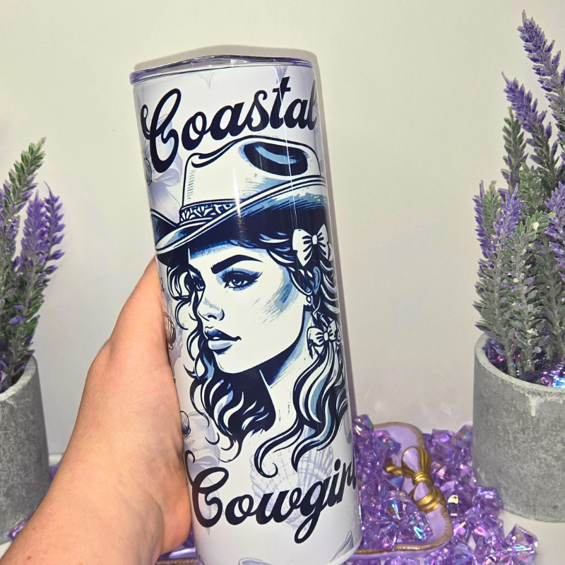 Coastal Cowgirl Tumbler 20 oz - Beachy Western Style Cup with Seashells and Bows