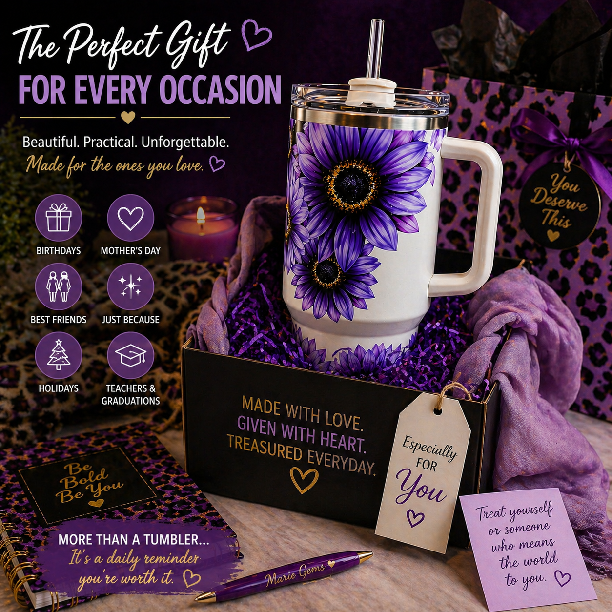 Purple Sunflower 40oz Tumbler | Boho Floral Travel Mug