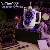 Purple Sunflower Handmade 40 oz Stainless Steel Tumbler showing purple sunflower 40oz tumbler with handle artwork with insulated stainless steel tumbler, purple sunflower tumbler