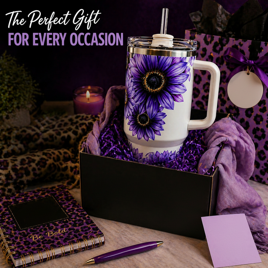 Purple Sunflower Handmade 40 oz Stainless Steel Tumbler showing purple sunflower 40oz tumbler with handle artwork with insulated stainless steel tumbler, purple sunflower tumbler