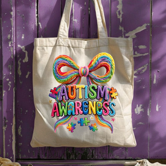 Autism Advocate Tote Bag, 3D Puff Embroidery Look Canvas Bag, Neurodiversity Acceptance Gift, Leopard Print Lightning Bolt Rainbow Book Bag by Printify