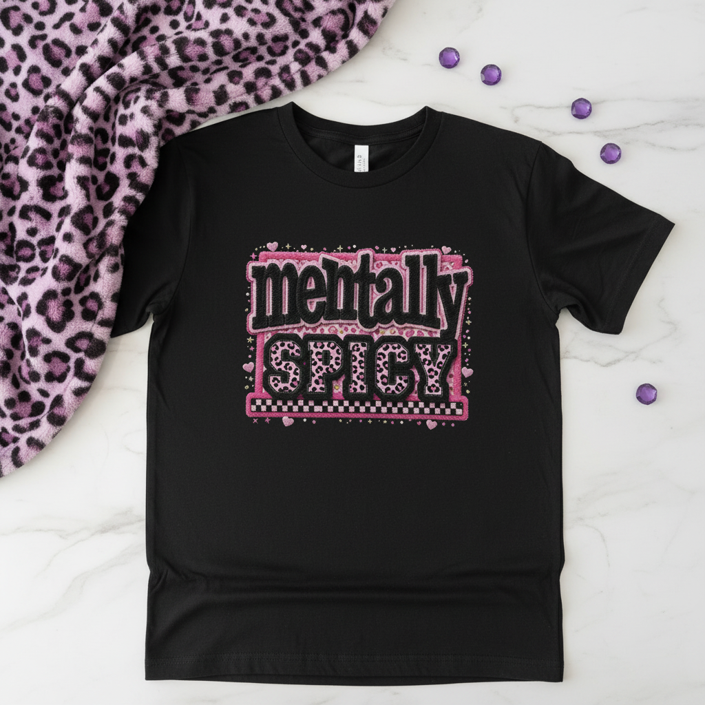 Mentally Spicy leopard and checkered graphic T-shirt lifestyle mockup