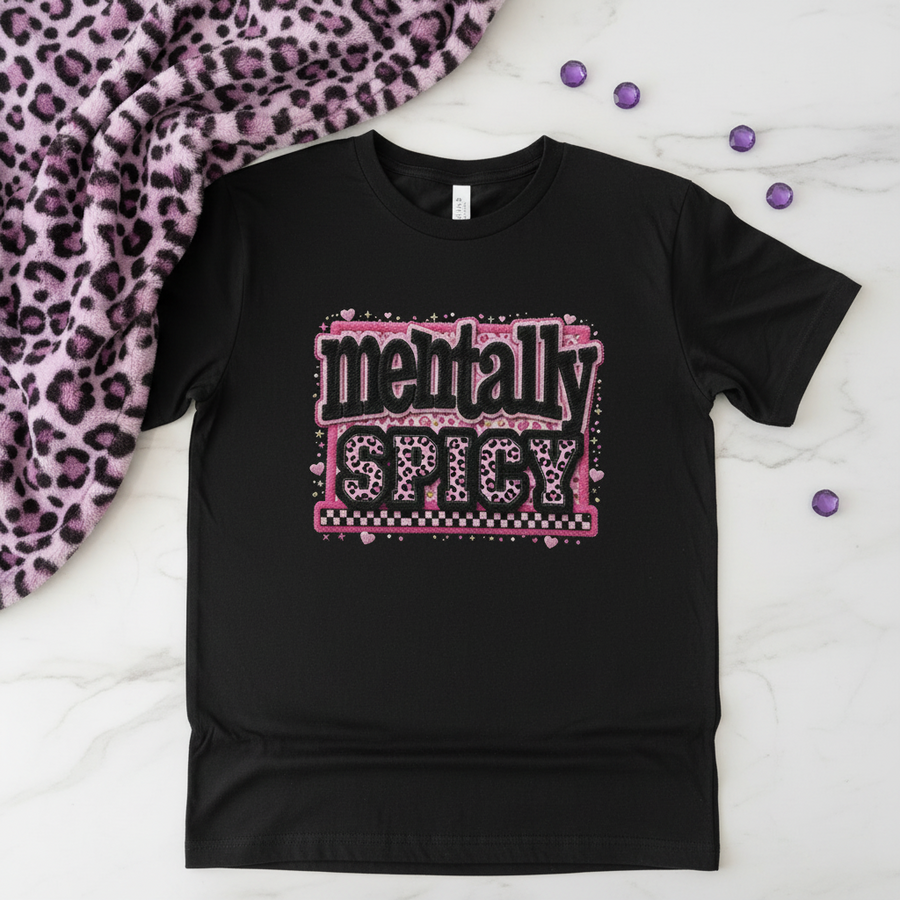 Mentally Spicy Made-to-Order Unisex Graphic T-Shirt showing mentally spicy shirt artwork with funny mental health shirt, unique graphic apparel, cute graphic shirts, product image
