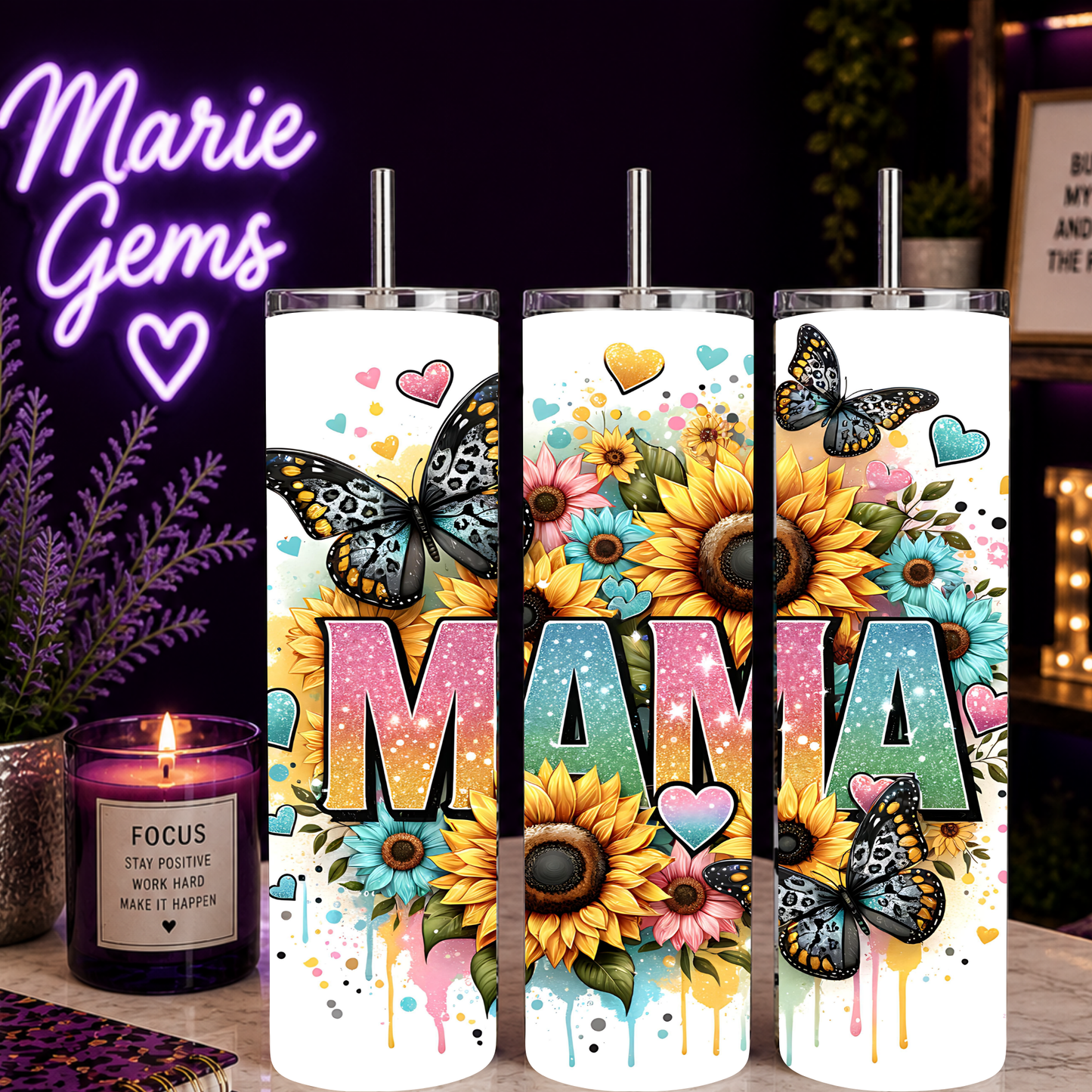 Mama 20oz Sunflower Tumbler Stainless Steel Cup Handmade Glitter Butterfly Drinkware Mothers Day Gift For Her with vibrant floral design