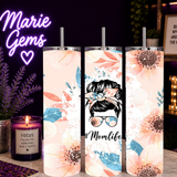 Momlife Made-to-Order 20 oz Stainless Steel Tumbler showing a sweet messy bun floral design in soft peach tones, this tumbler blends cozy style with everyday function, product