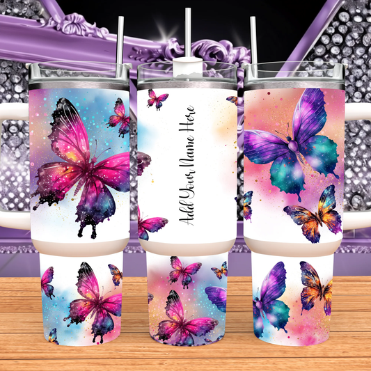 Personalized Watercolor Butterfly 40oz Tumbler with Handle – Custom Name Travel Mug, Vibrant Pink & Purple Butterfly Gift by Marie Gems