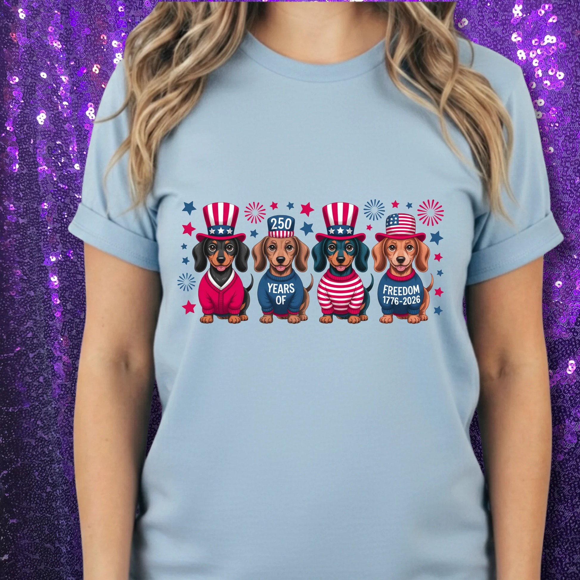 Patriotic Dachshunds Tee - Cute 4th of July Dogs in USA Hats Shirt by Marie Gems