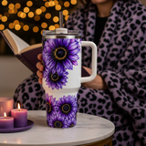 Purple Sunflower Handmade 40 oz Stainless Steel Tumbler showing purple sunflower 40oz tumbler with handle artwork with insulated stainless steel tumbler, purple sunflower tumbler