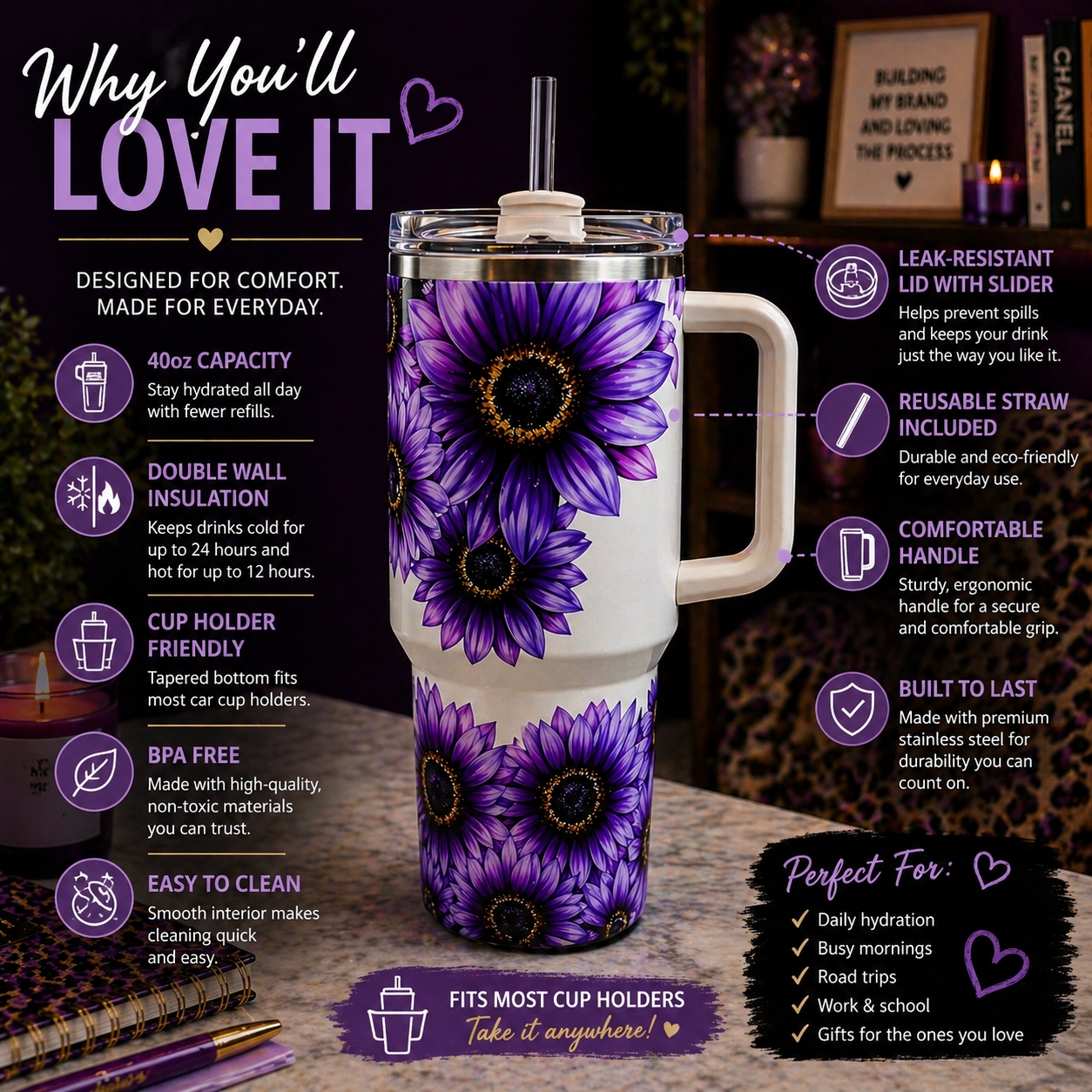 Purple Sunflower 40oz Tumbler | Boho Floral Travel Mug