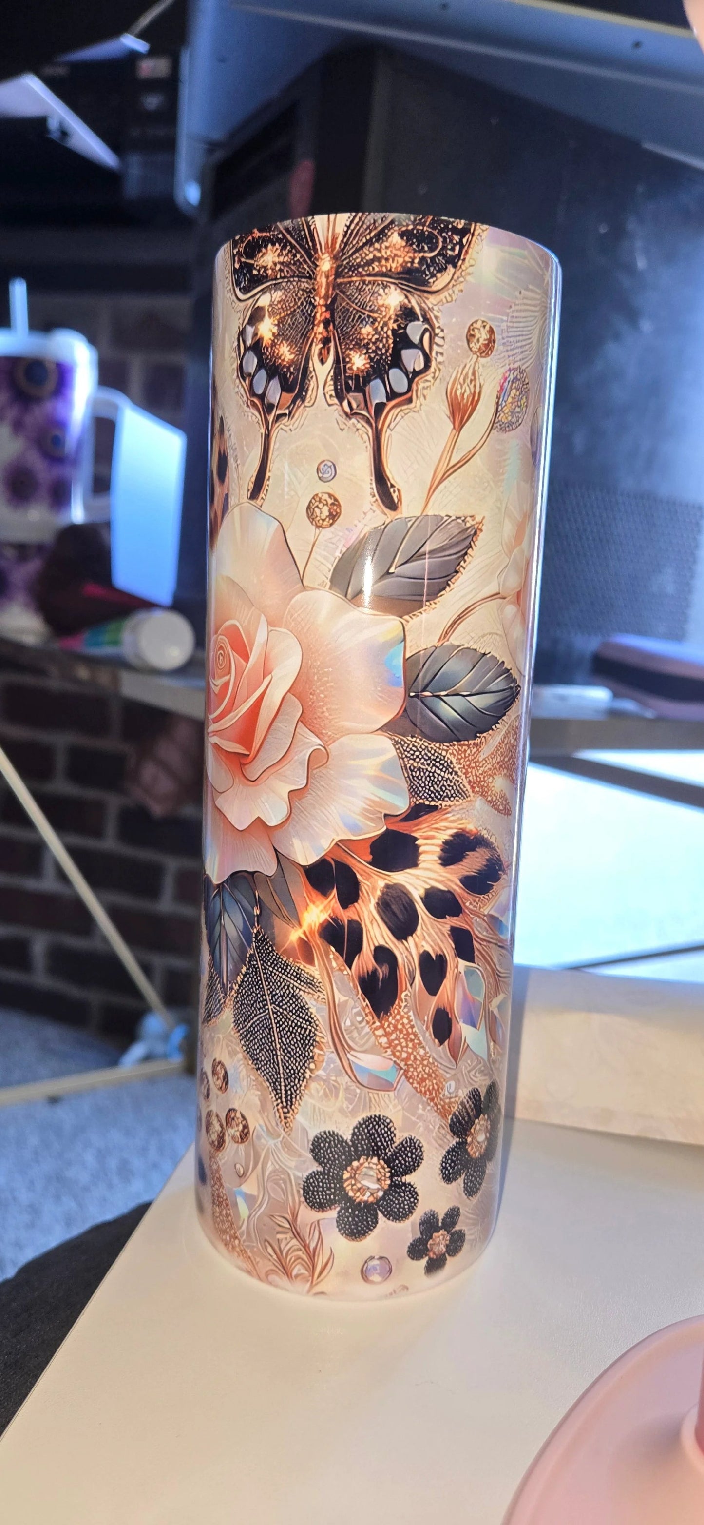 Gold Leopard Rose Glam Tumbler 20oz 30oz Skinny Cup Faux Diamond Jewel Effect Elegant Animal Print Gift For Her by Marie Gems