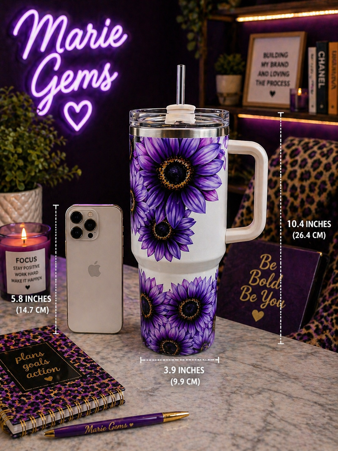 Purple Sunflower 40oz Tumbler | Boho Floral Travel Mug