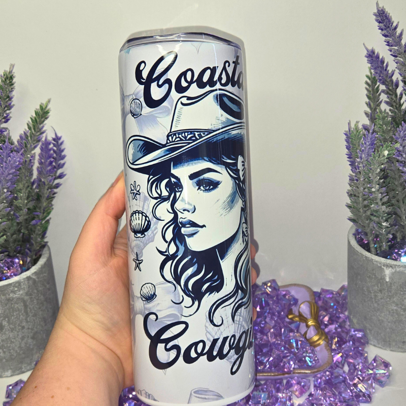 Coastal Cowgirl Tumbler 20 oz - Beachy Western Style Cup with Seashells and Bows