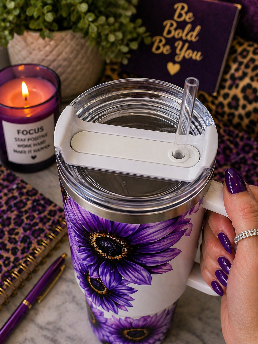 Purple Sunflower 40oz Tumbler | Boho Floral Travel Mug