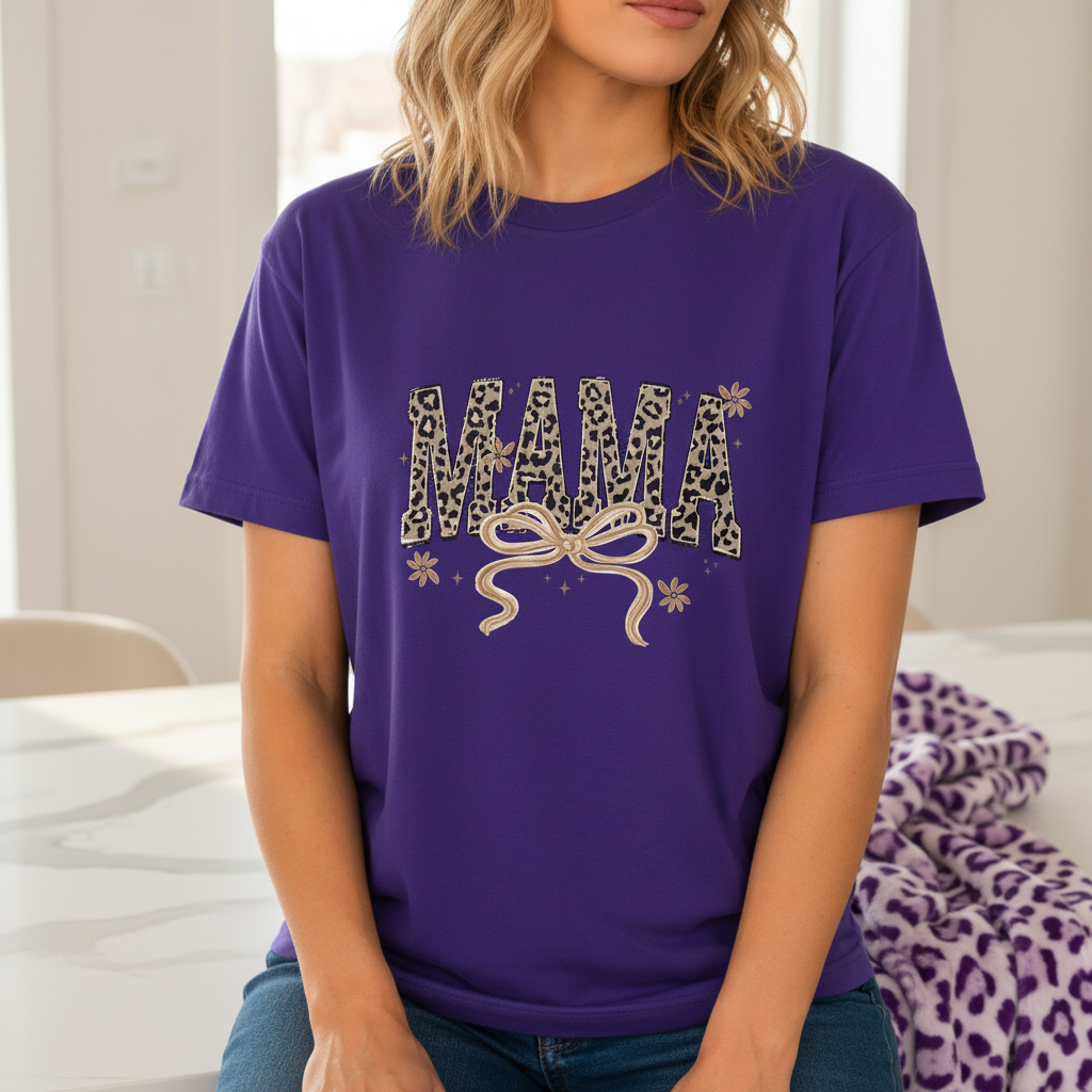 Leopard Mama Varsity Tee Gold shown in a styled product mockup