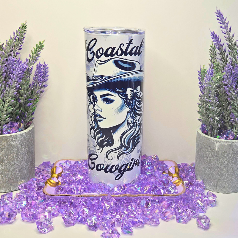 Coastal Cowgirl Tumbler 20 oz - Beachy Western Style Cup with Seashells and Bows